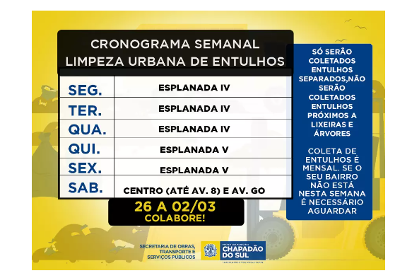 Imagem de compartilhamento para o artigo Confira o Cronograma de Limpeza Urbana semanal de Chapadão do Sul da MS Todo dia
